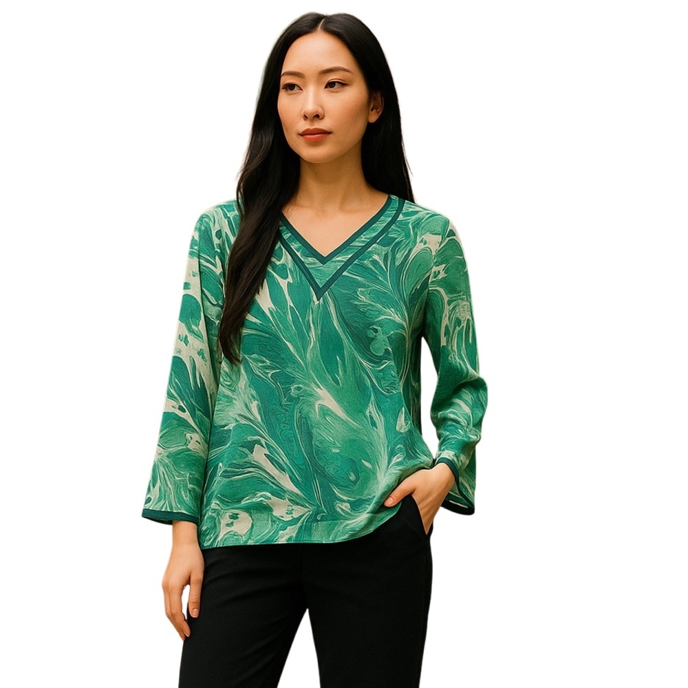 MICHAEL KORS Tropical Large Blouse Green White V-Neckl Top Large Flowy Career